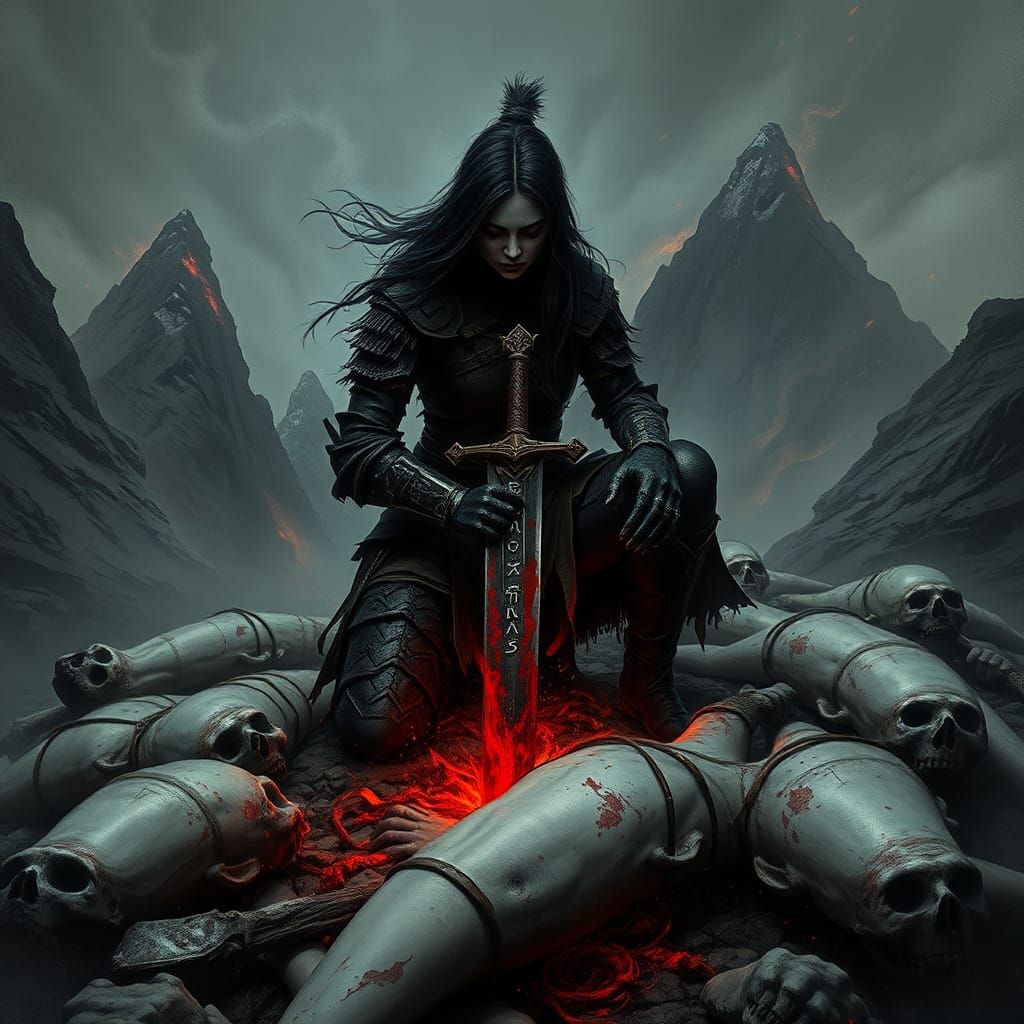 Dark Lady Warrior in a Haunting Battlefield