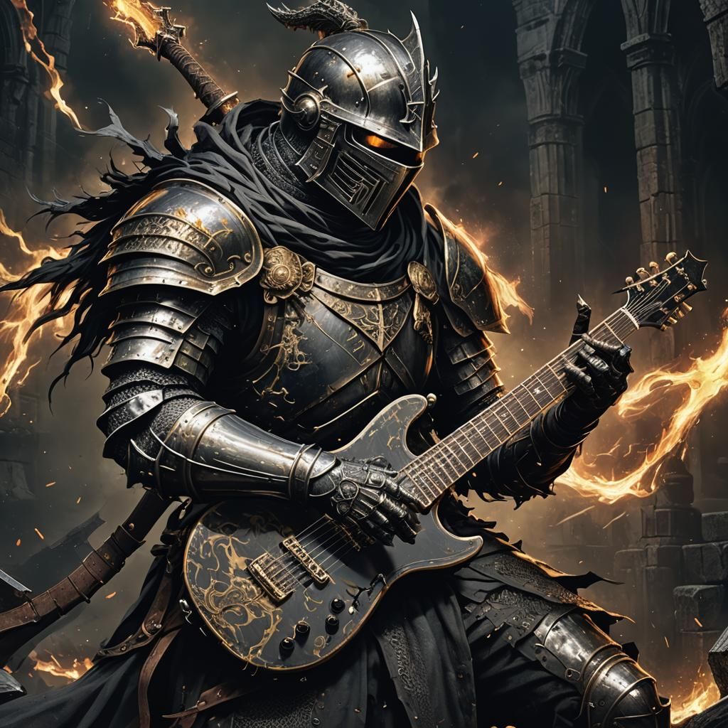 Gothic Dark Fantasy Paladin Plays Guitar