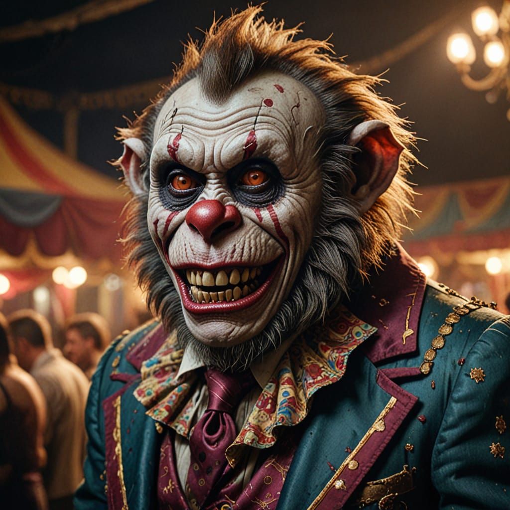 Elegantly dressed Zombie Monkey Monster Clown in ornate, vintage clothing, standing in a tetric, night circus at country...