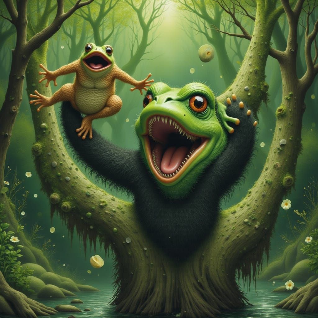 Surreal Sasquatch Lifts Surprised Frog into Tree