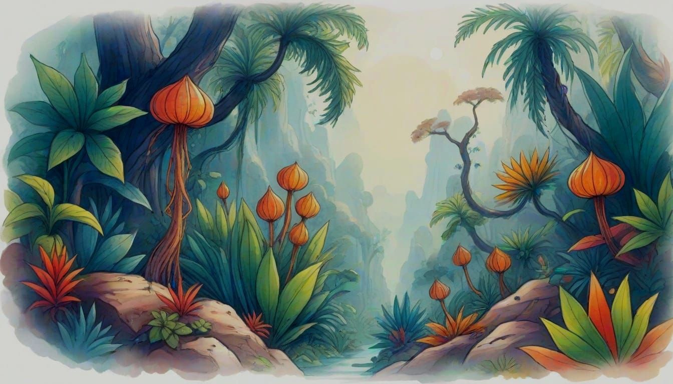 Exoplanet Jungle in Ethereal Sketchnote Style