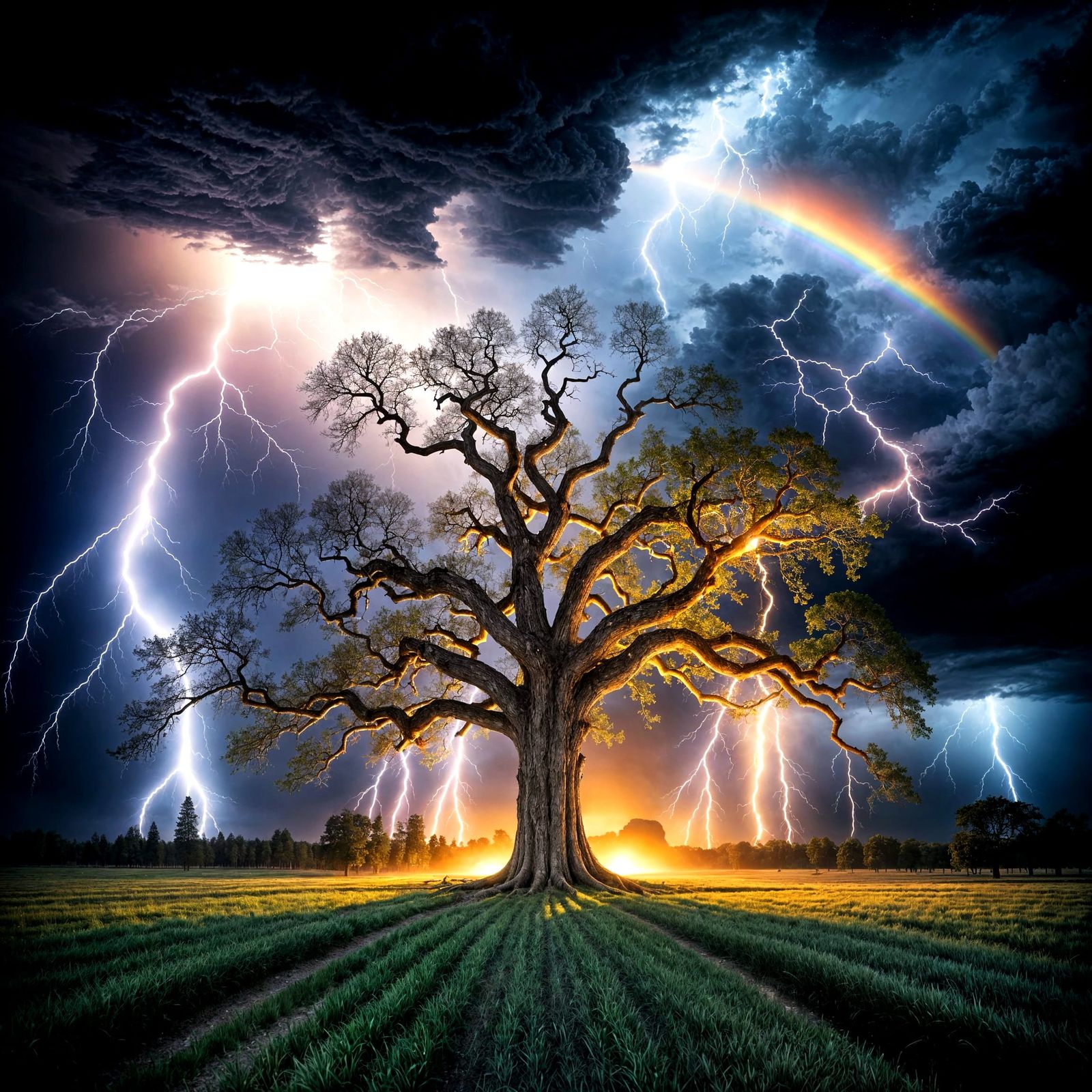 A Grand Tree Illuminated by Lightning and Rainbow