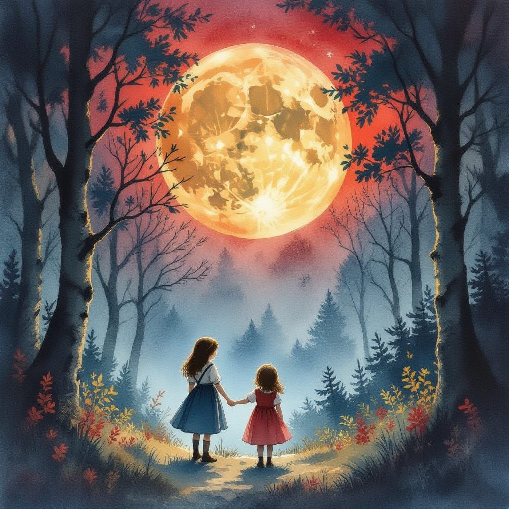 Children in Fairytale Forest Under Blood Moon