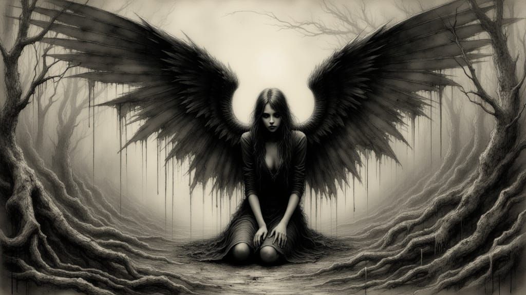 Fallen Angel in Desolate Landscape: Dark Fantasy Art