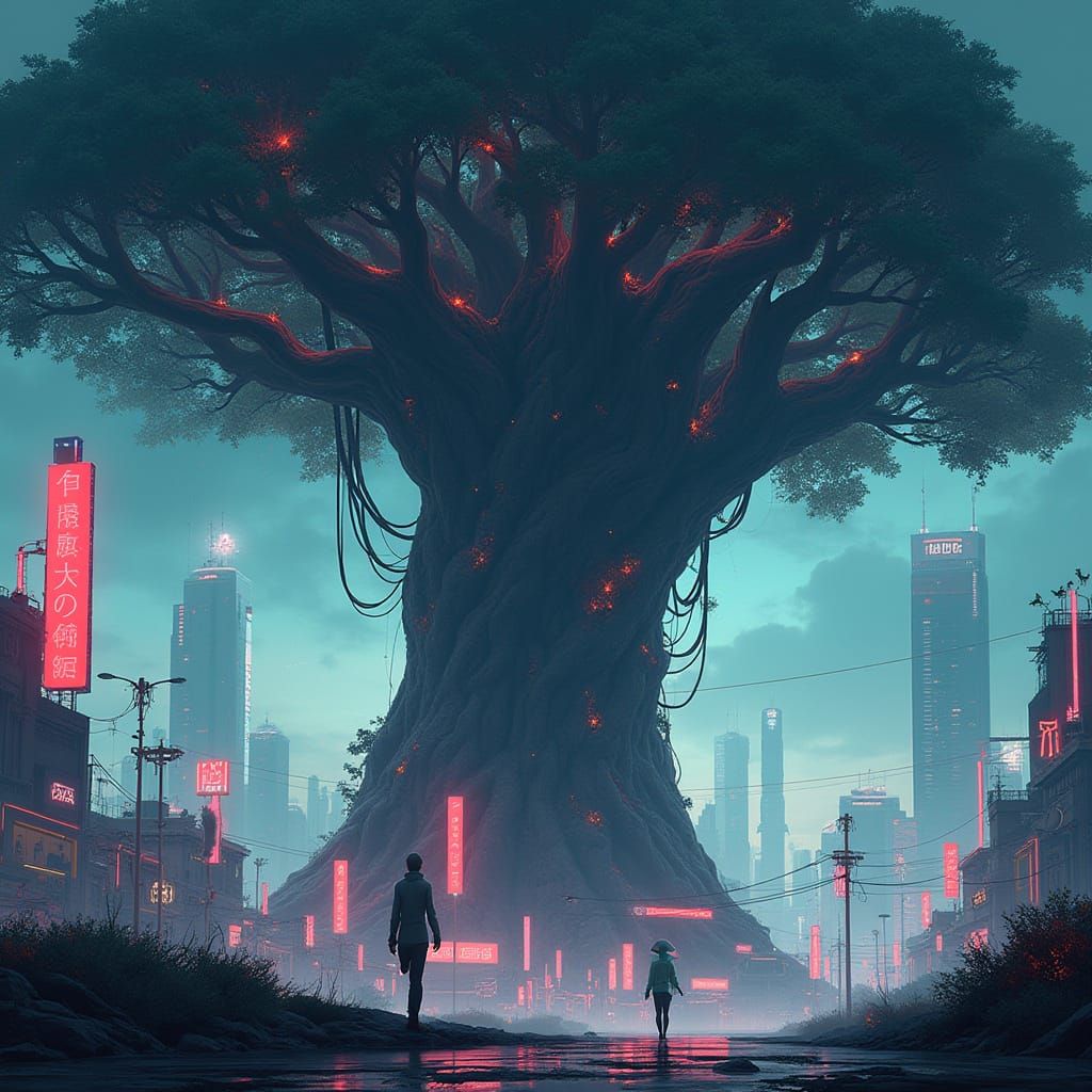 Colossal Tree Dominates Cyberpunk Cityscape