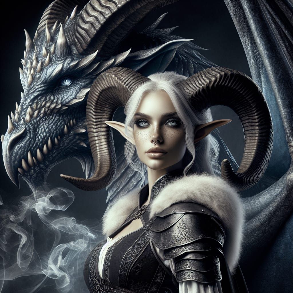 Ram Horned Elf Standing with Her Dragon Companion