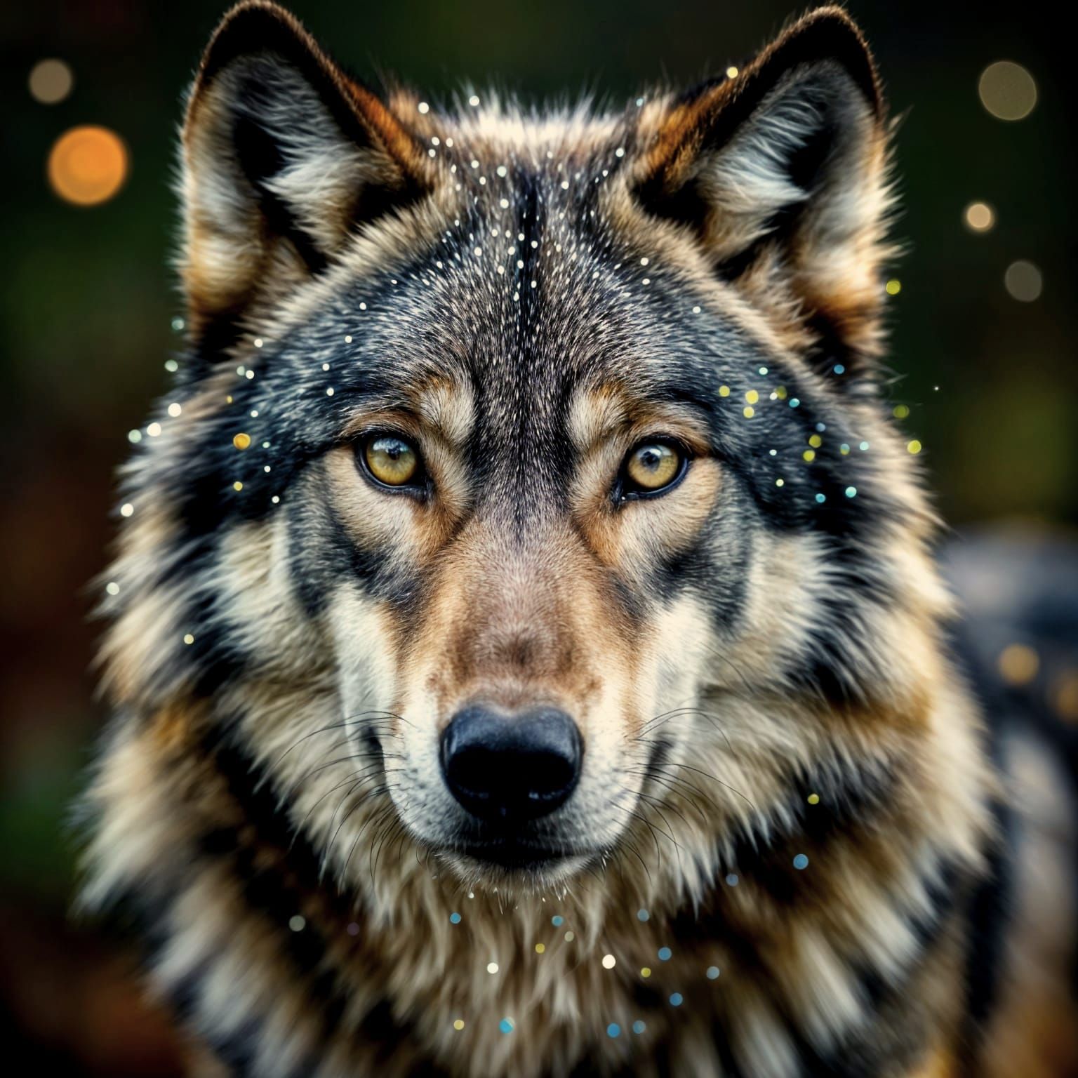 Wolf Portrait with Celestial Fur and Dewdrops
