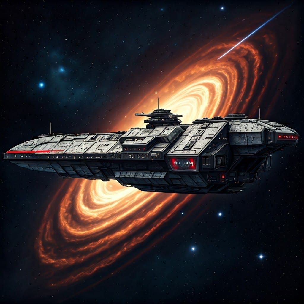 Futuristic Warship Amidst Nebula in Gritty Industrial Style