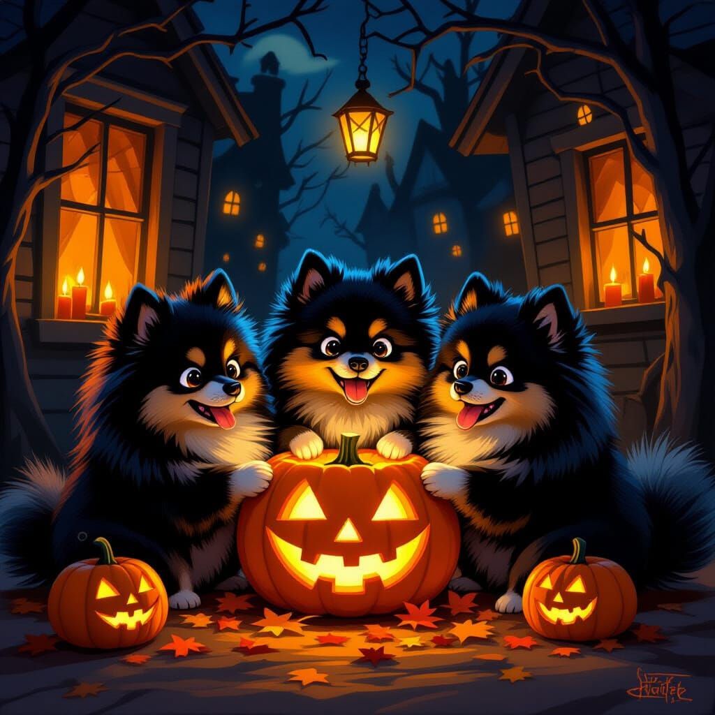 Black Pomeranians Carving Pumpkins in Haunted House