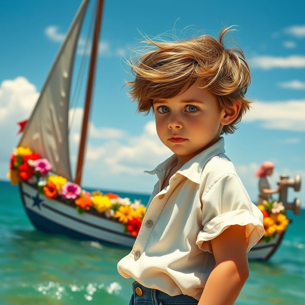 Boy and Fantasy Sailboat: Hyperrealistic Matte Painting