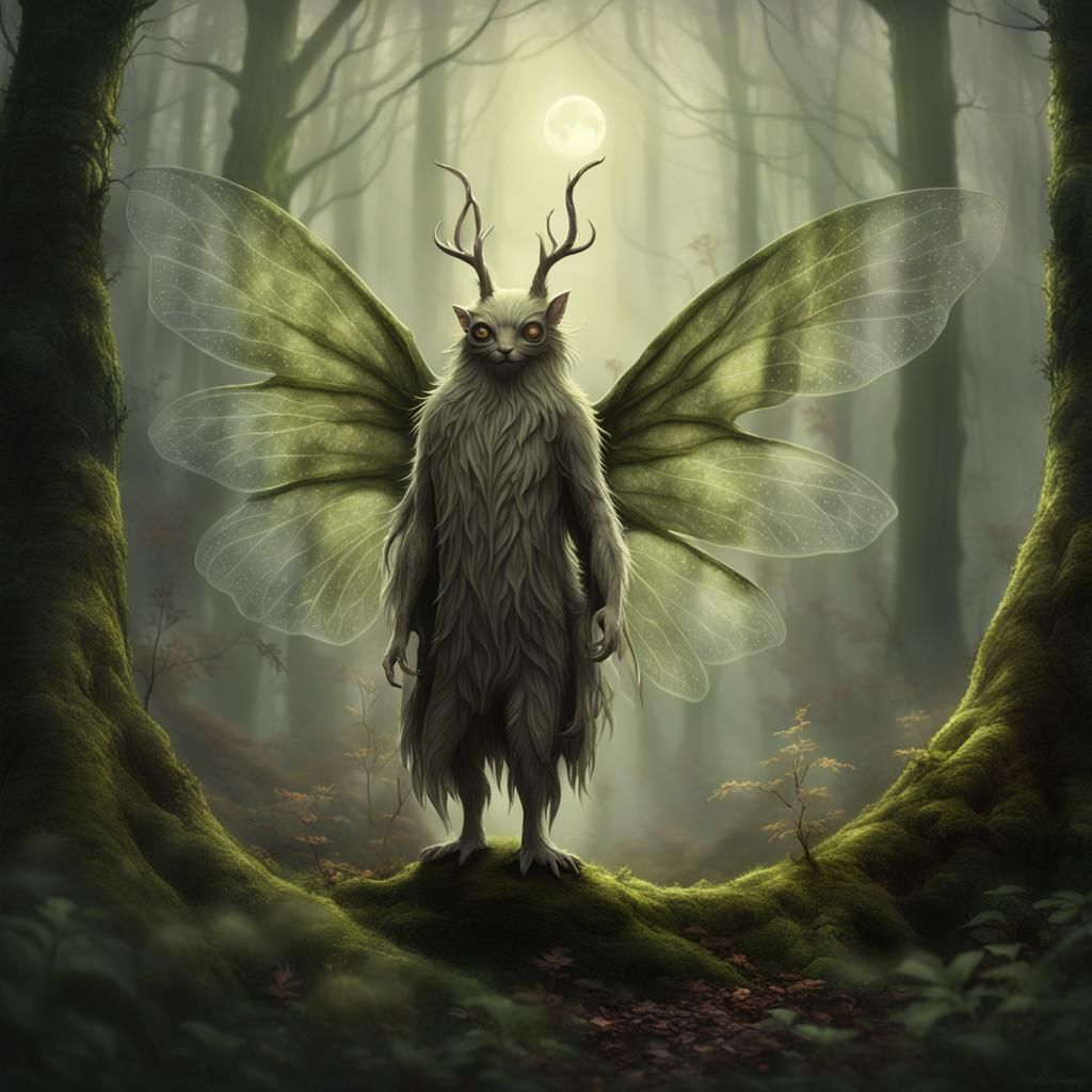 A pukwudgie stands alone in a misty, moonlit forest