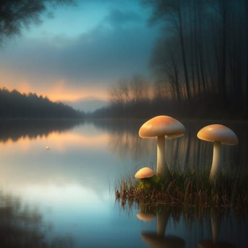 Mushrooms by Lake in Heavenly Expressionist Style
