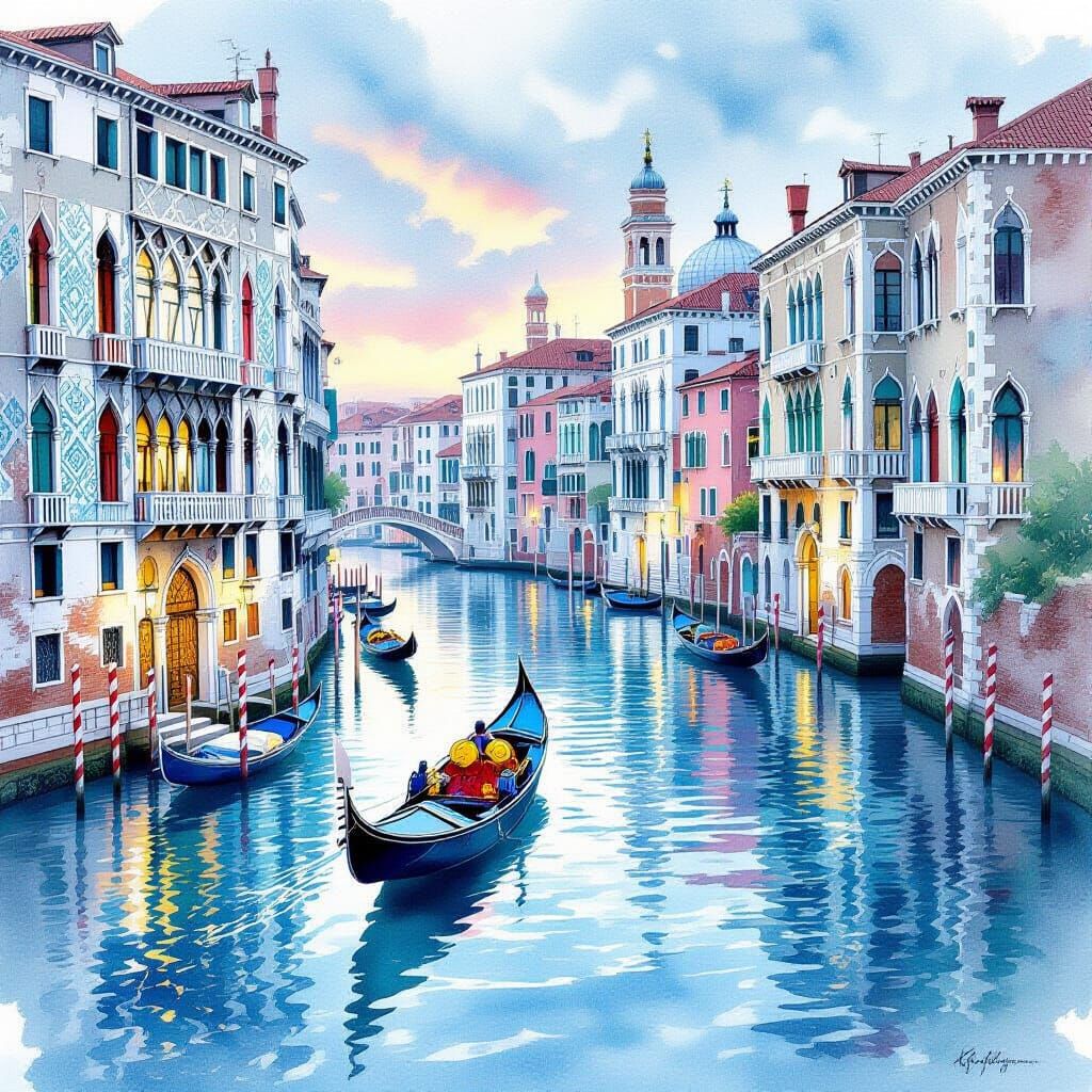 Whimsical Venetian Canal with Liquid Watercolor