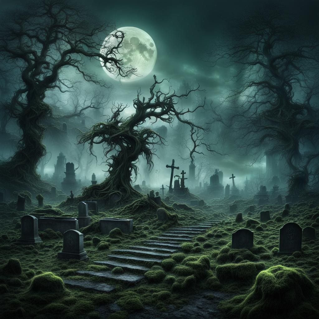 Skeletons Rising from Graves in Moonlight