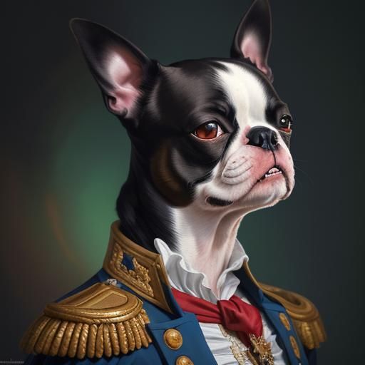 Boston Terrier as Napoleon in Hyperrealistic Splash Art