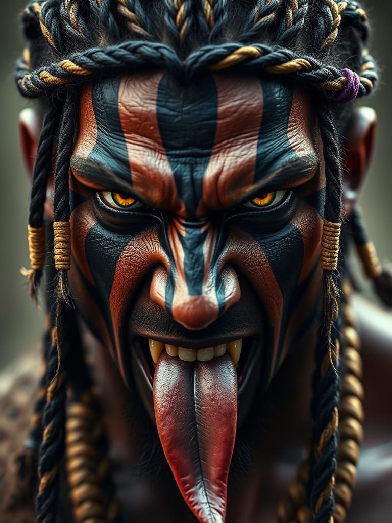 Fierce Warrior Man with Braided Hair and Striped Face Paint