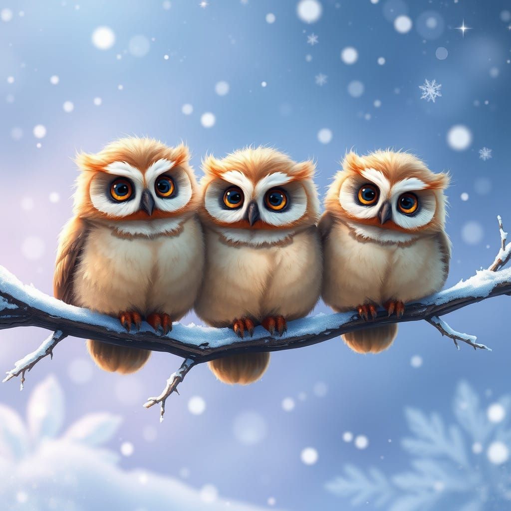 Owls on a Frosty Branch in Winter Solstice Wonderland