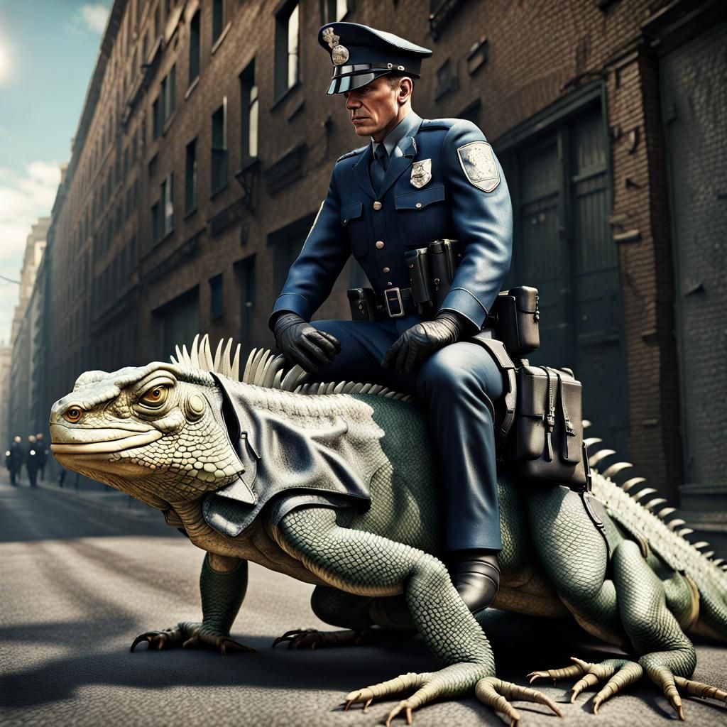 Surreal Police Iguana Brigade in Hyperrealistic Style
