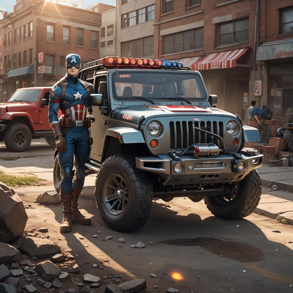 Captain America and His Jeep Wrangler in Anime Style