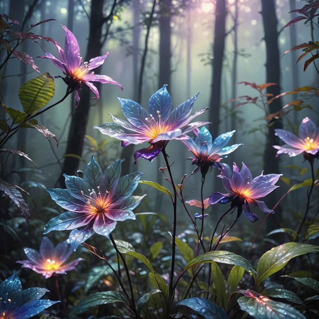 Exotic Flower Blooms in Iridescent Forest: Digital Art