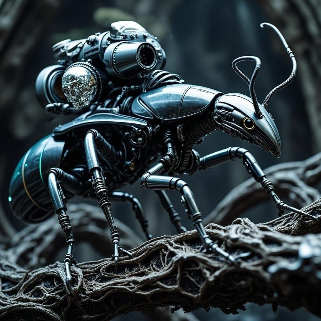 Biopunk Robot Ant Strides Through Cyberpunk Landscape