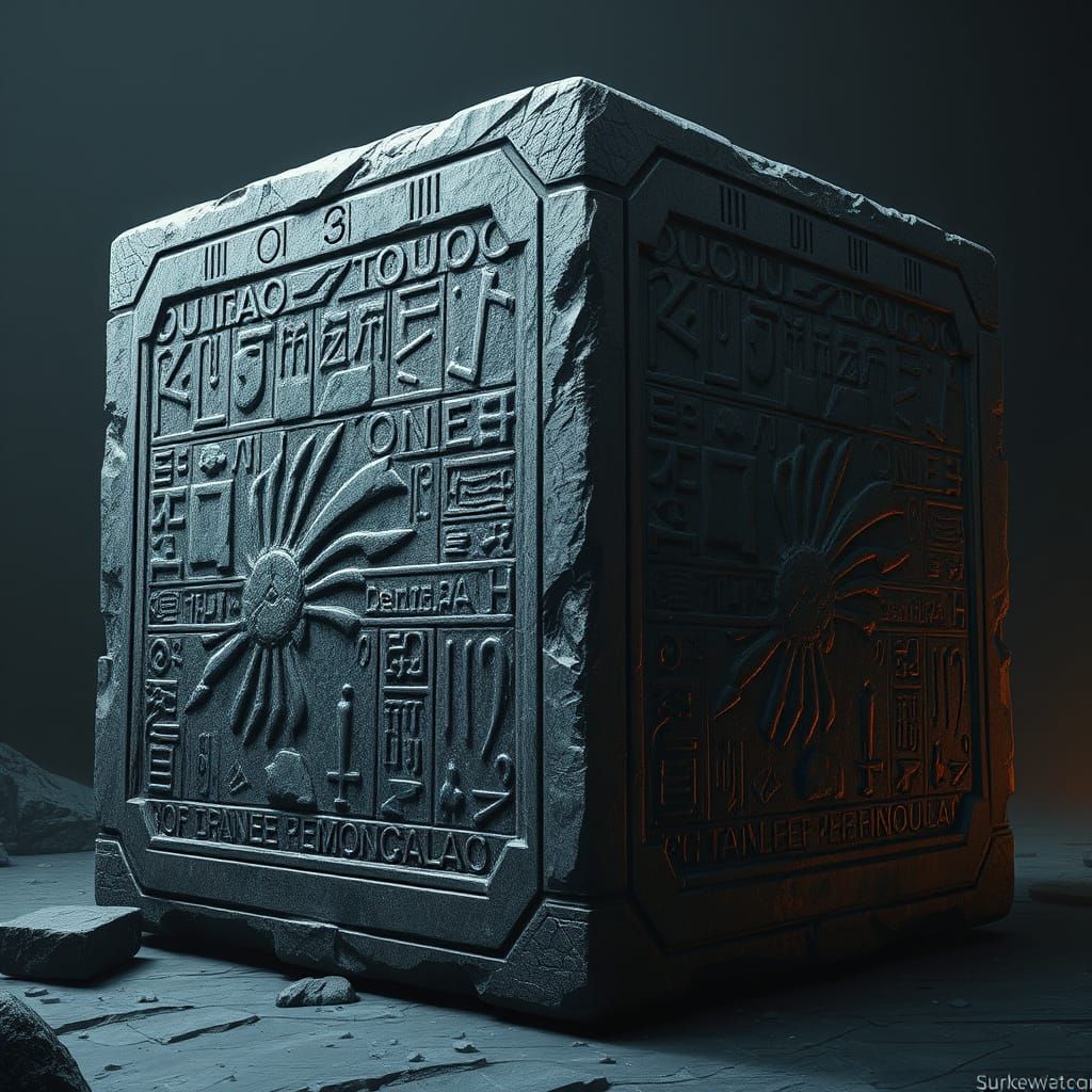 Mystic Granite Cube in a Dark Dystopian Landscape