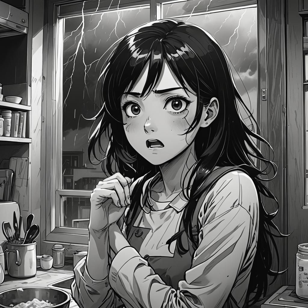 a girl with black hair is very afraid of the thunderstorm outside the window
