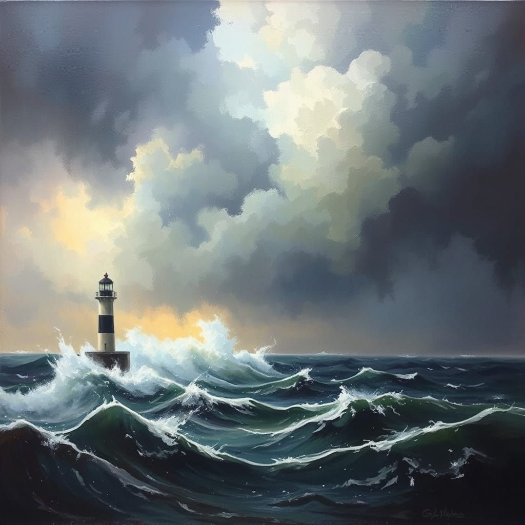 Stormy Seascape: Lighthouse Defies Crashing Waves in Oil Pai...