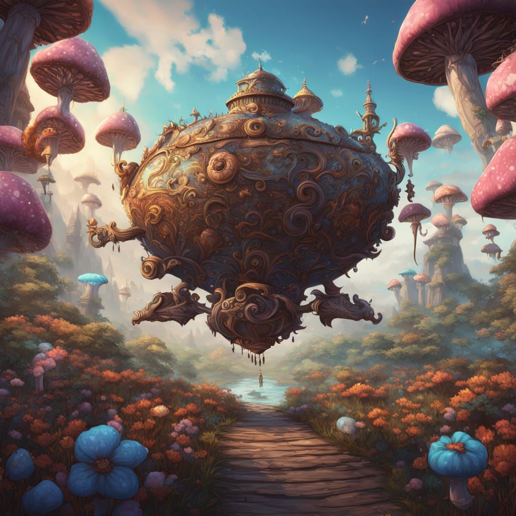 Steampunk Teapot Airship Flies Through Cotton Candy Sky