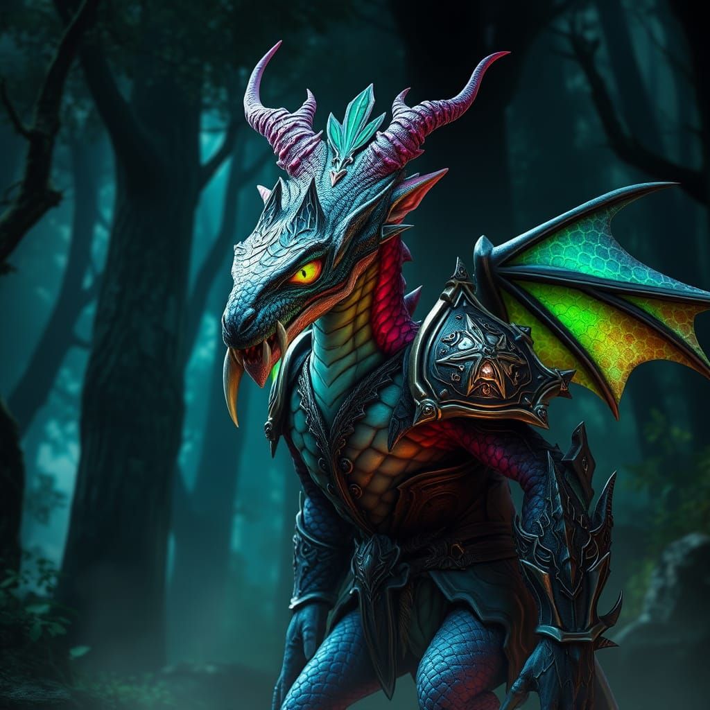 Ethereal Draconian Elf: Vibrant Scales in Enchanted Forest