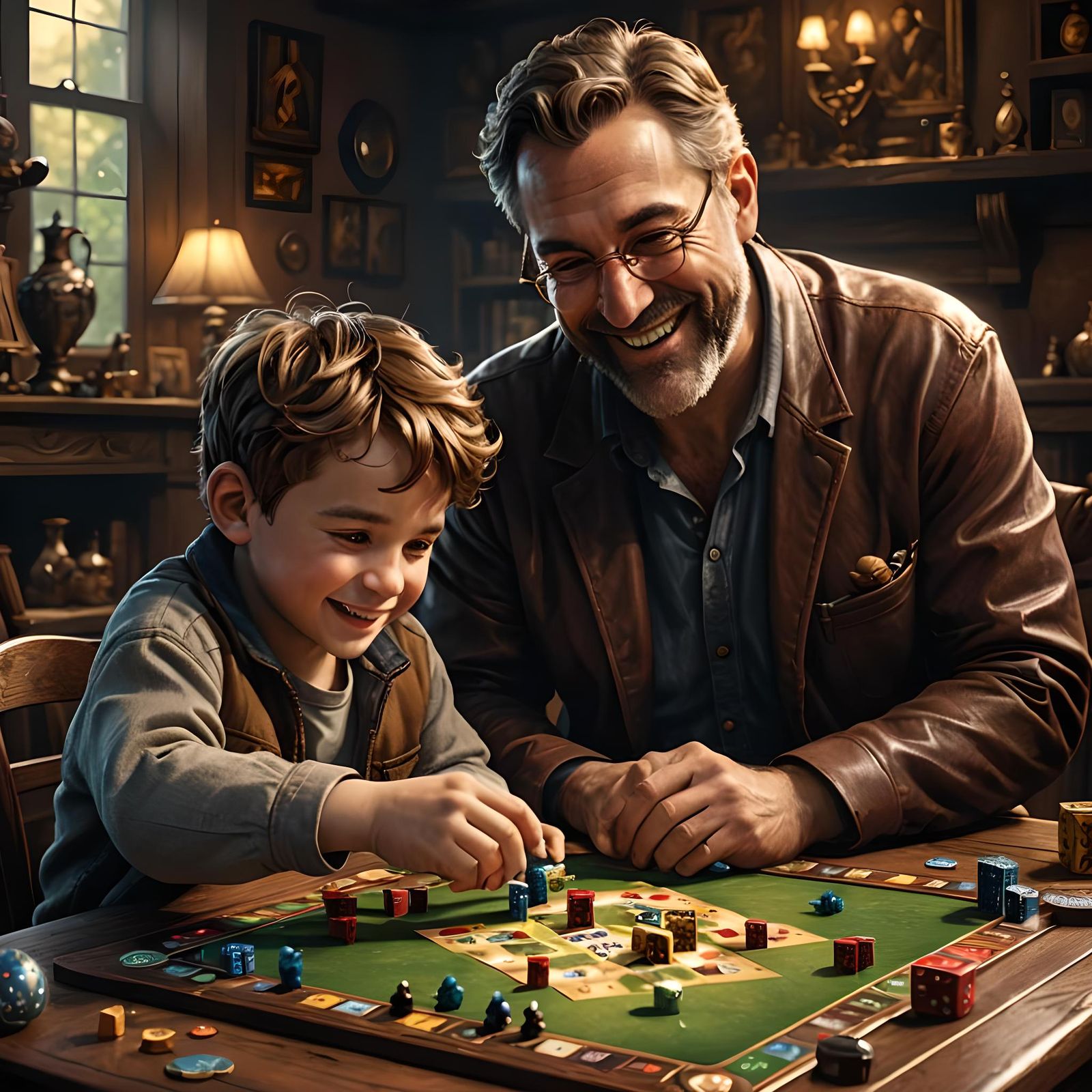 Father and Son Playing Board Game in Detailed Matte Painting