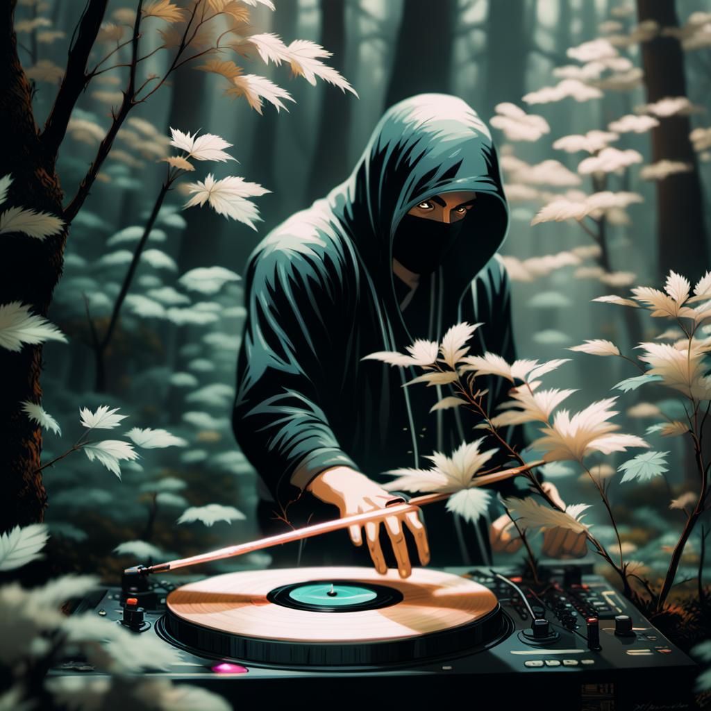 Ninja DJ Scratching Vinyl Record in Forest