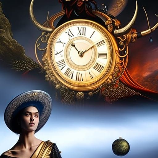 Witch Studies Celestial Clock in Surreal Art Style