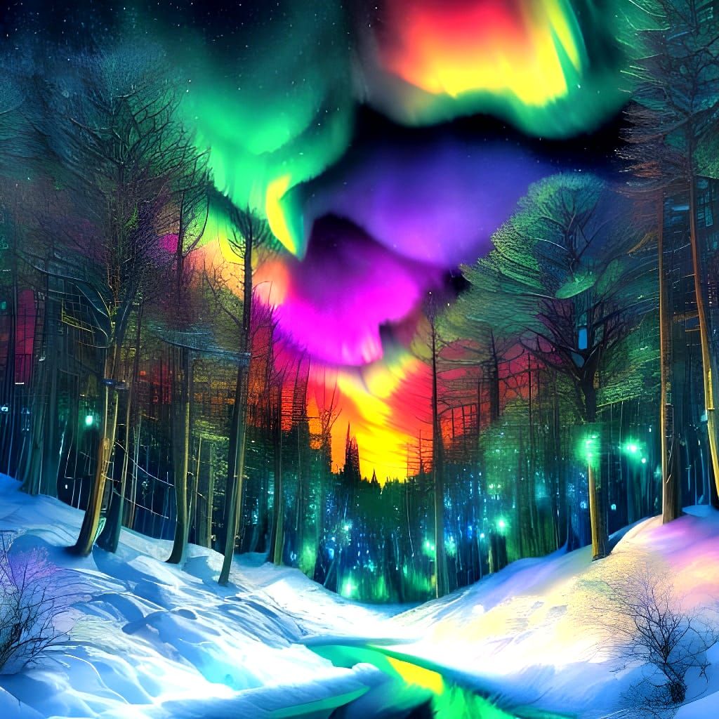 Arctic Animals Under Colorful Aurora Borealis