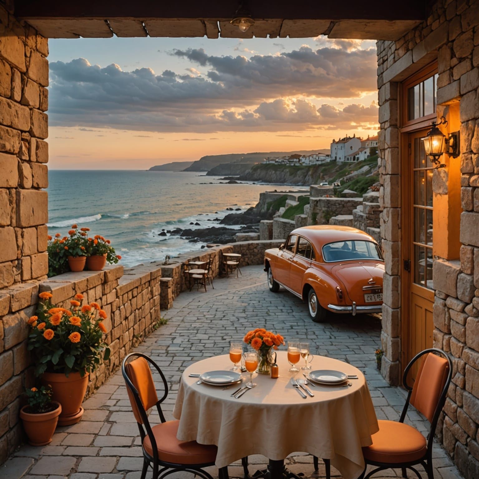 Sunset Café on Stormy Beach with Vintage Car
