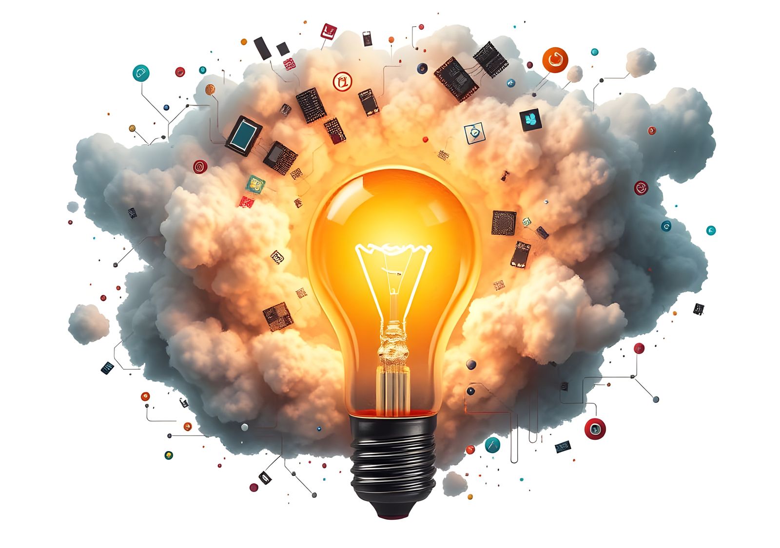 Idea Concept: Light Bulb with Technology Icons