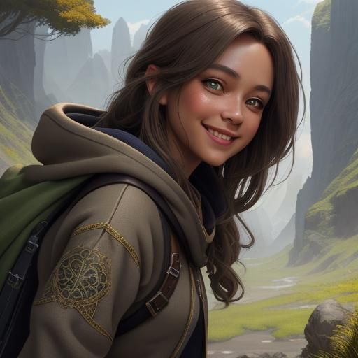 Smiling Girl in Gray Sweatshirt: Detailed Fantasy Art