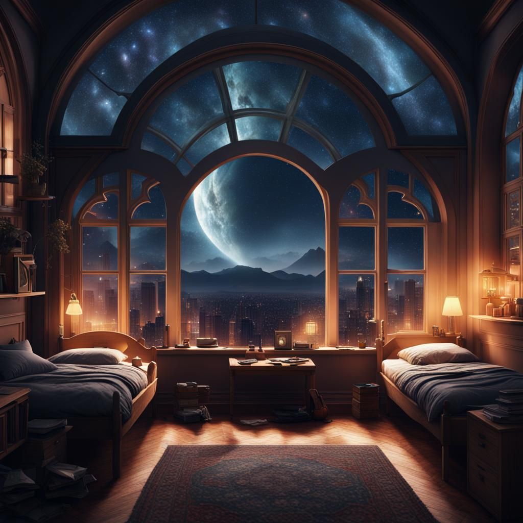 A  beautiful dorm with an arch window and it is night outside, with single beds