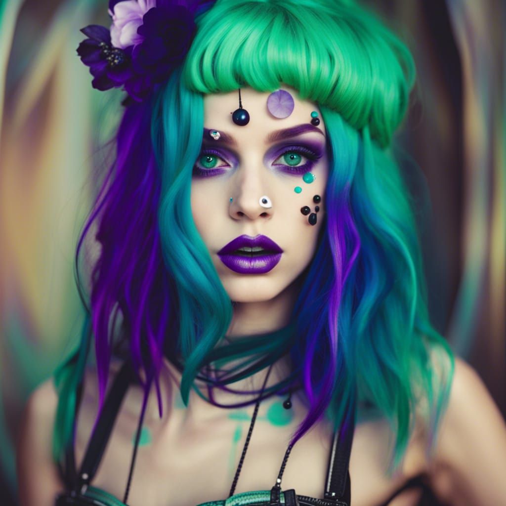Eccentric wild young lady with green hair with blue highlights& purple highlights& green eyes& teal green eyeshadow with...