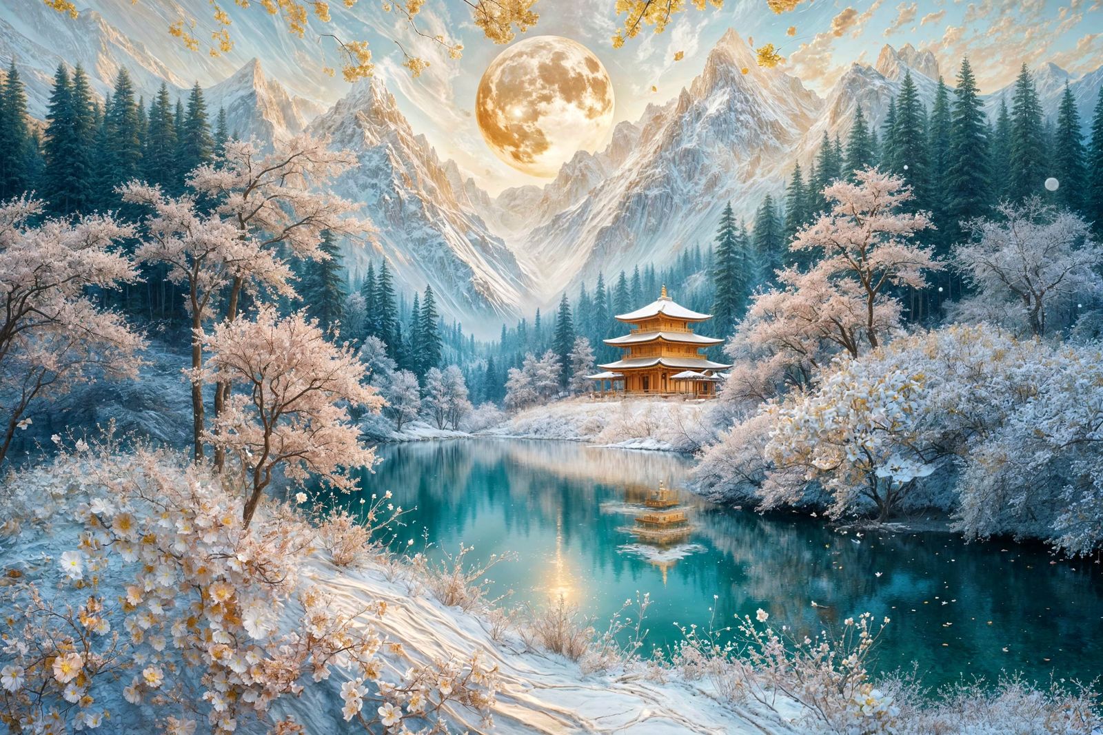 Ethereal Almond Blossom & Snowy Mountains Scene