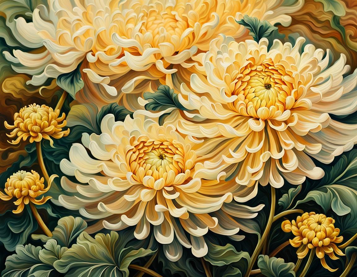 Chrysanthemum in Japanese Garden as Oil Painting