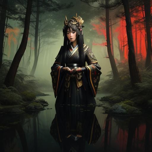 Ornate Japanese Princess in Eerie Forest: Dark Fantasy