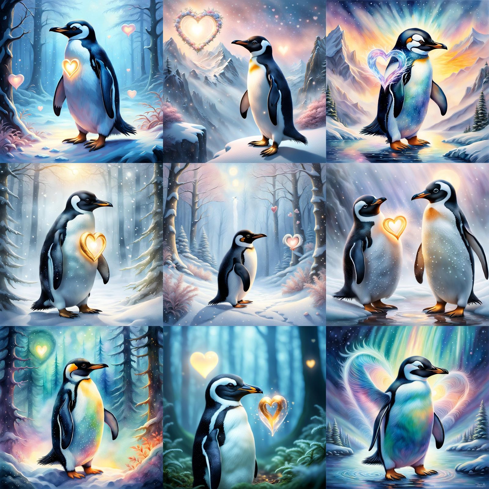 Penguin and Heart in Ethereal Fantasy Style