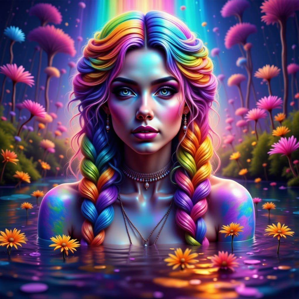 Lilith's Rainbow Braids in a Dreamlike Lake