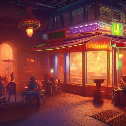 Fantastical Night Cafe in Detailed Matte Painting