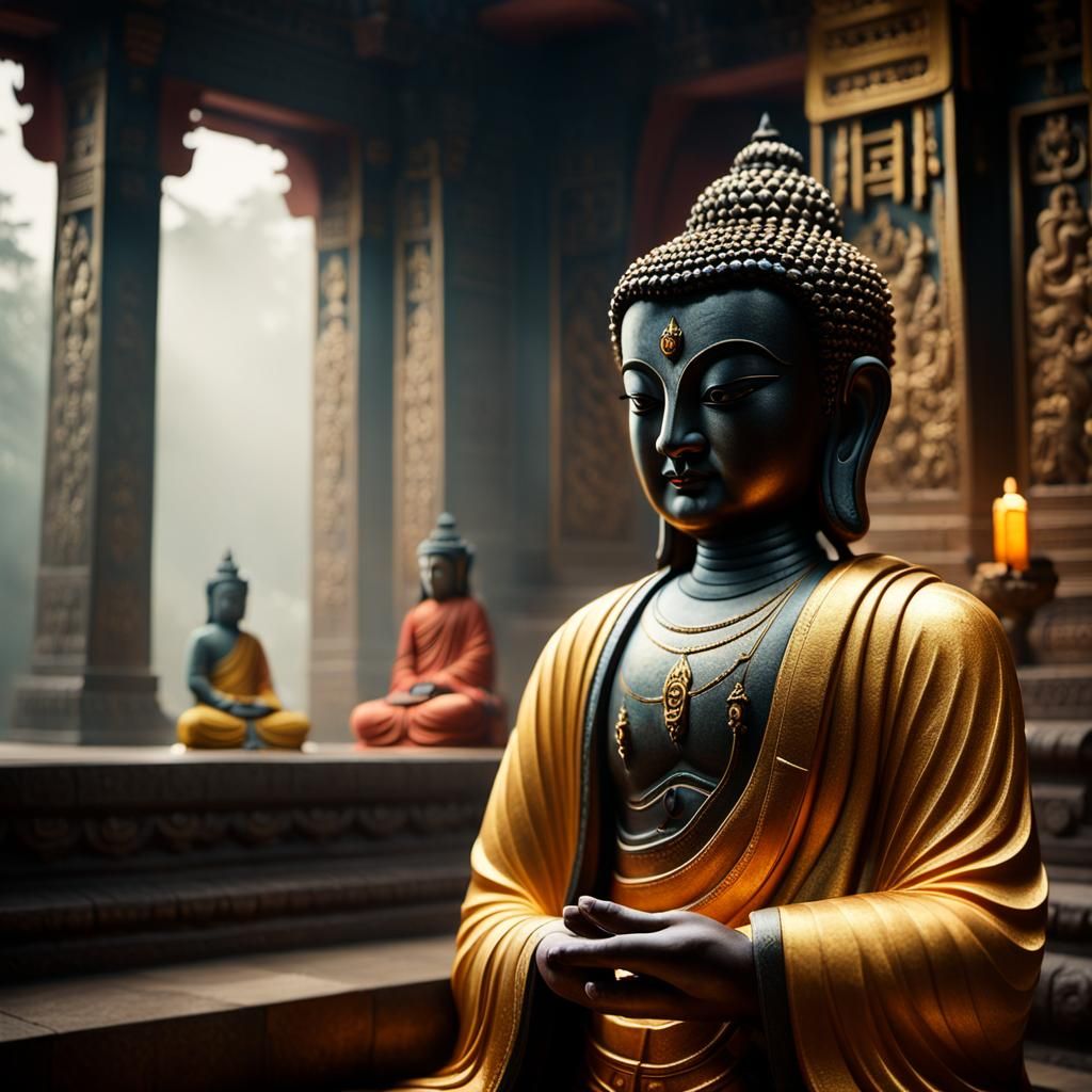 Cinematic Portrait of Manjushri in Misty Temple