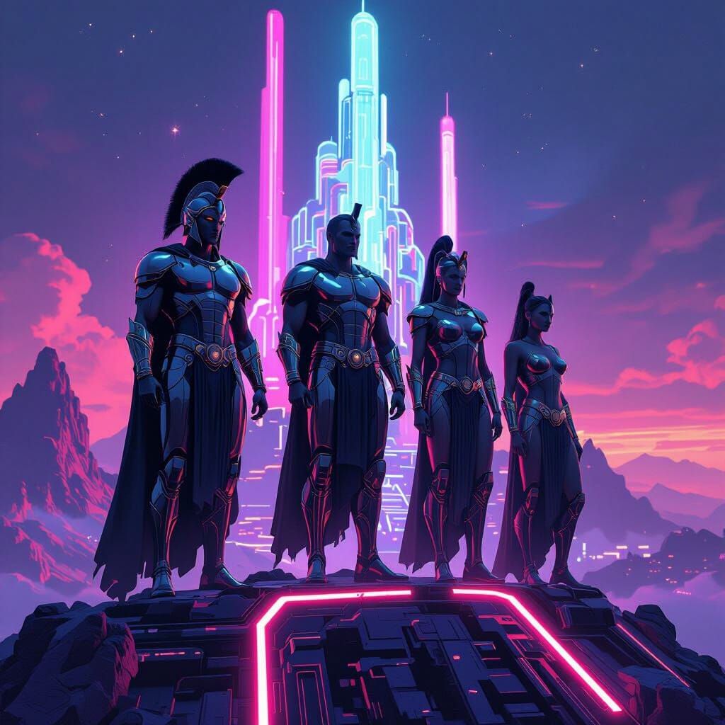 Cyberpunk Greek Gods on Futuristic Mount Olympus