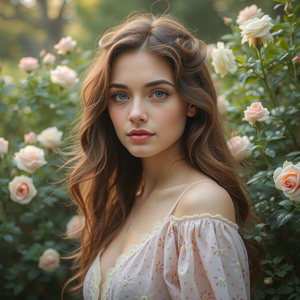 Ethereal Woman in a Vibrant Rose Garden