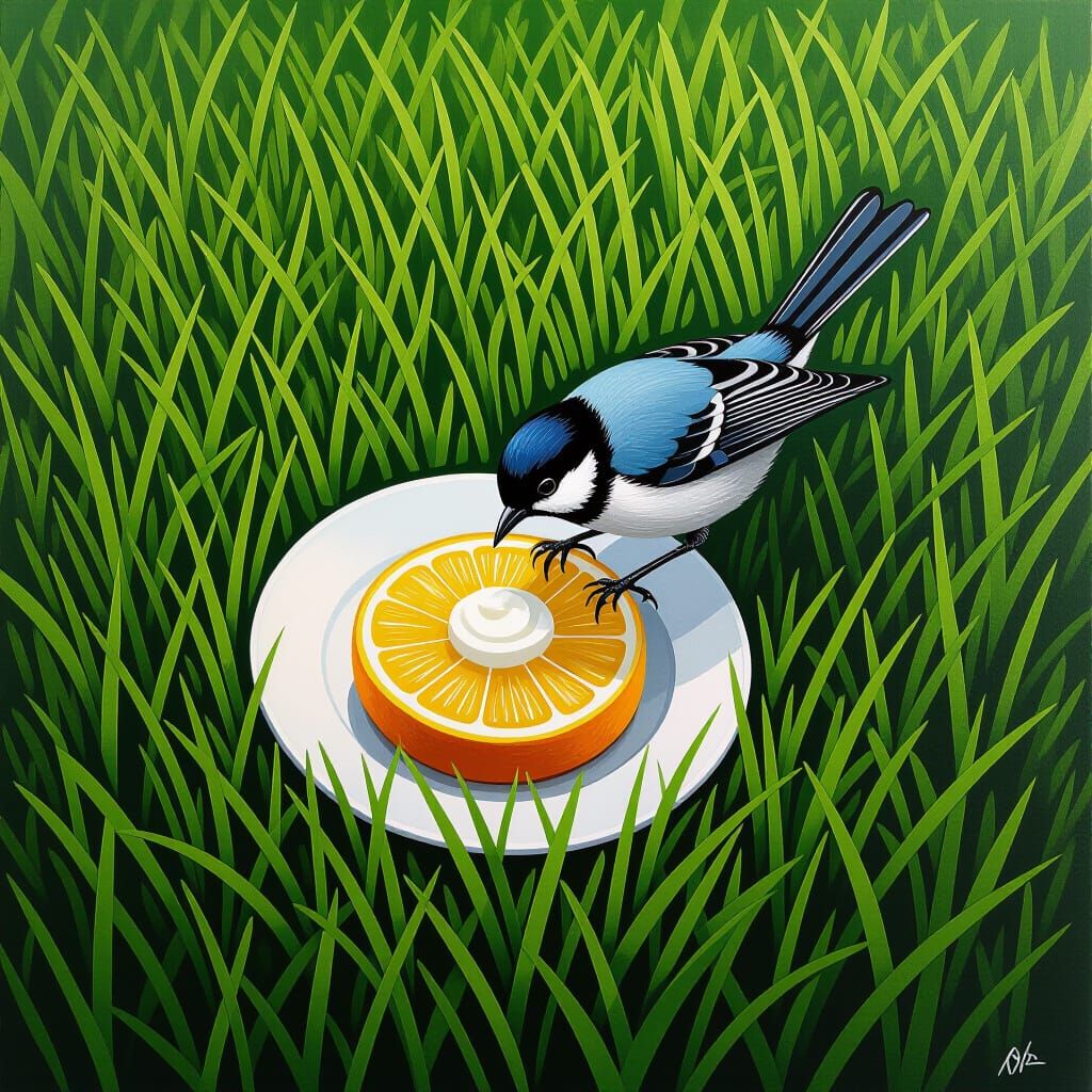 Bird's-Eye View of Food on Grass, Minimalist Art