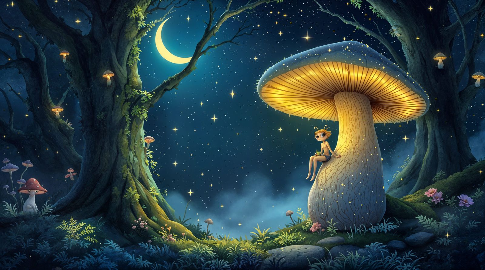 Whimsical Sprite Collects Twilight Dew in Enchanted Woodland...